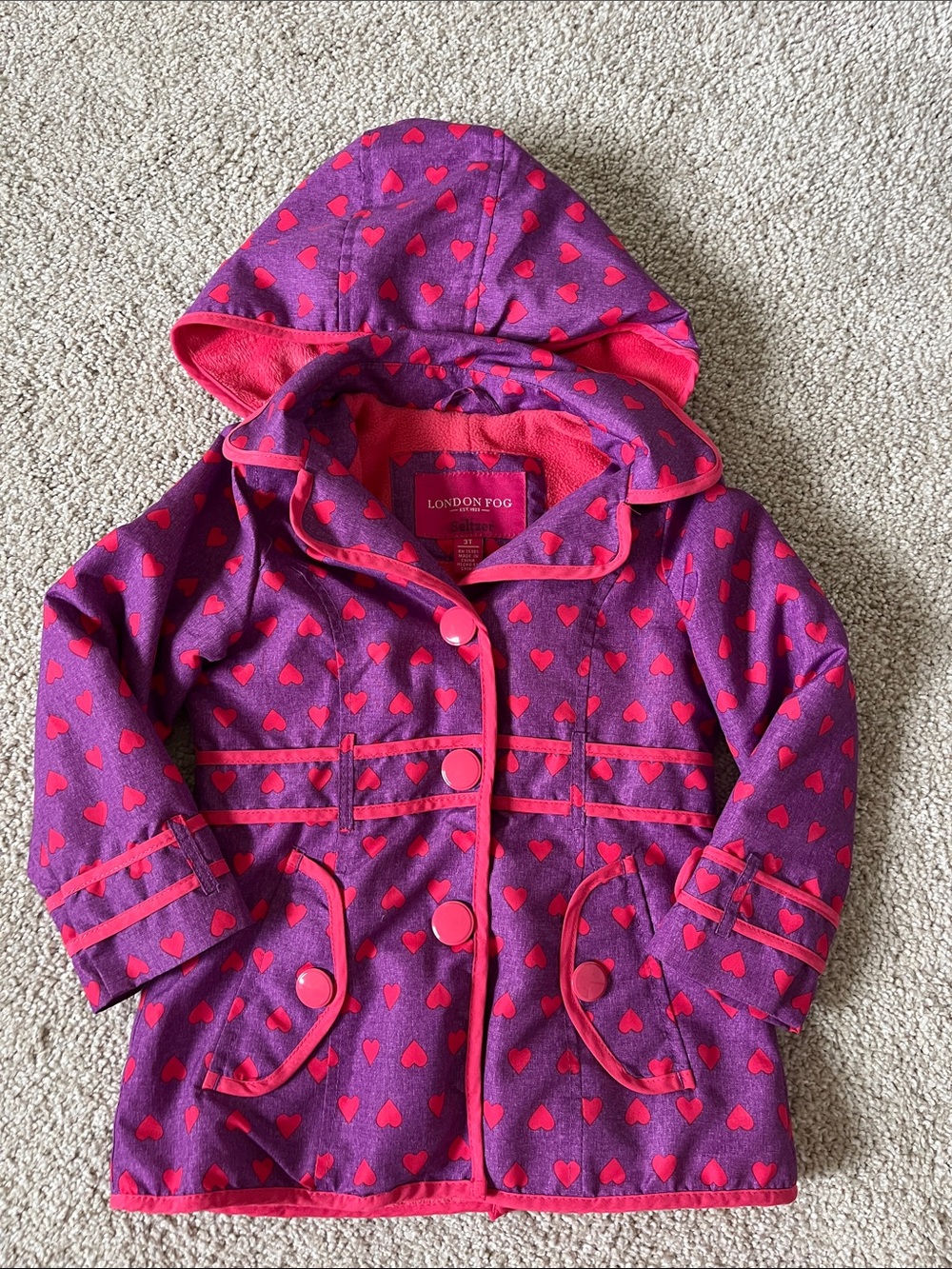 London Fog Girls' Purple & Pink Heart Hooded Raincoat